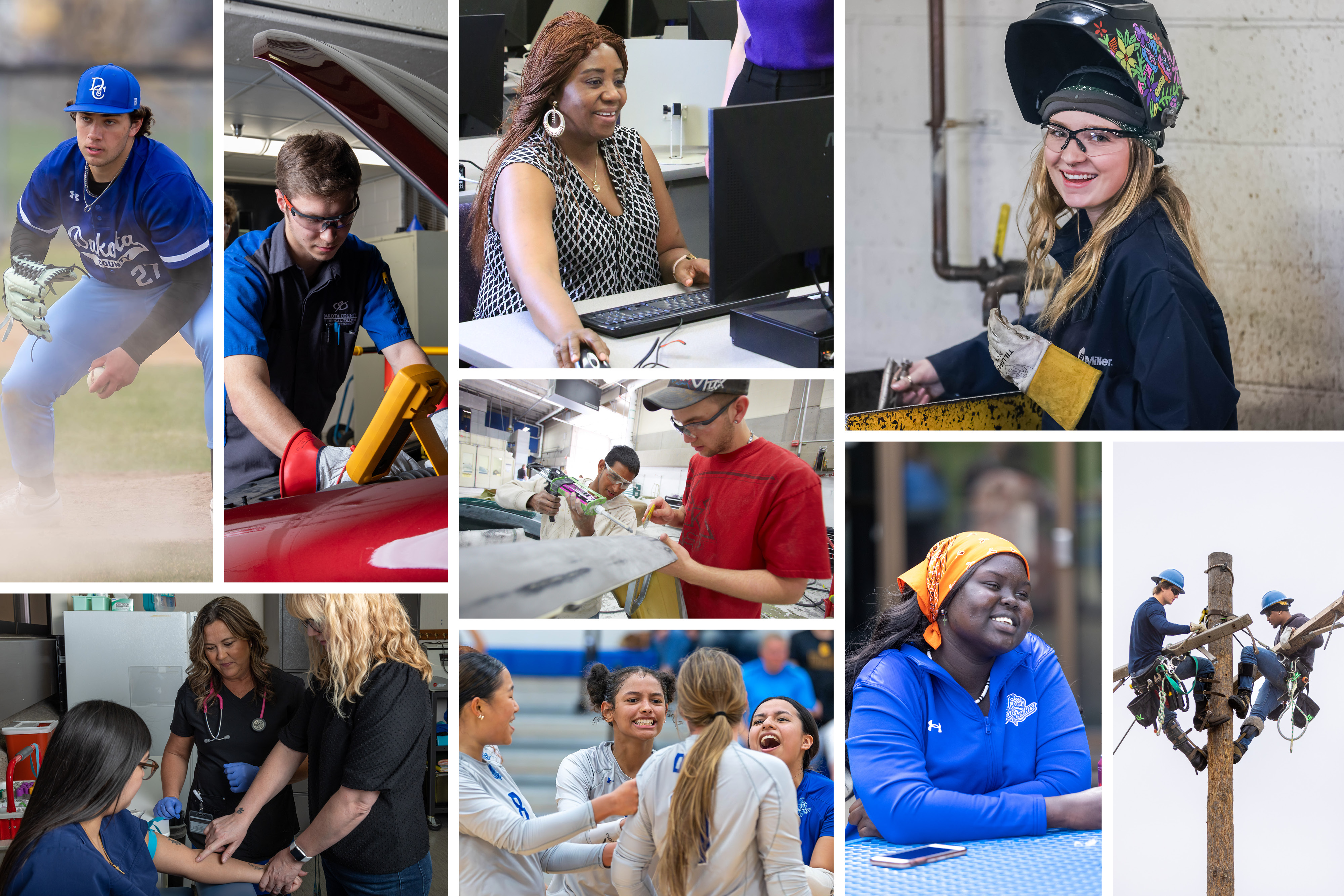 Image of various DCTC students in classes, sporting events, and extra-curricular activities.